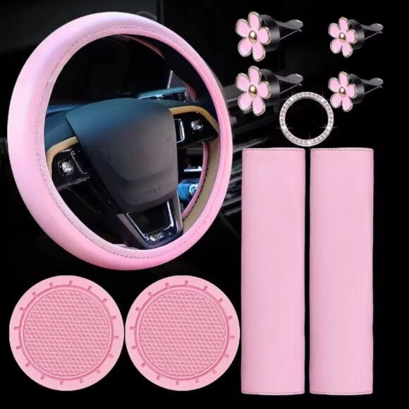10pcs Pink Interior Car Accessories, Steering Wheel Cover, Shoulder Pads, + More - Picture 1 of 6